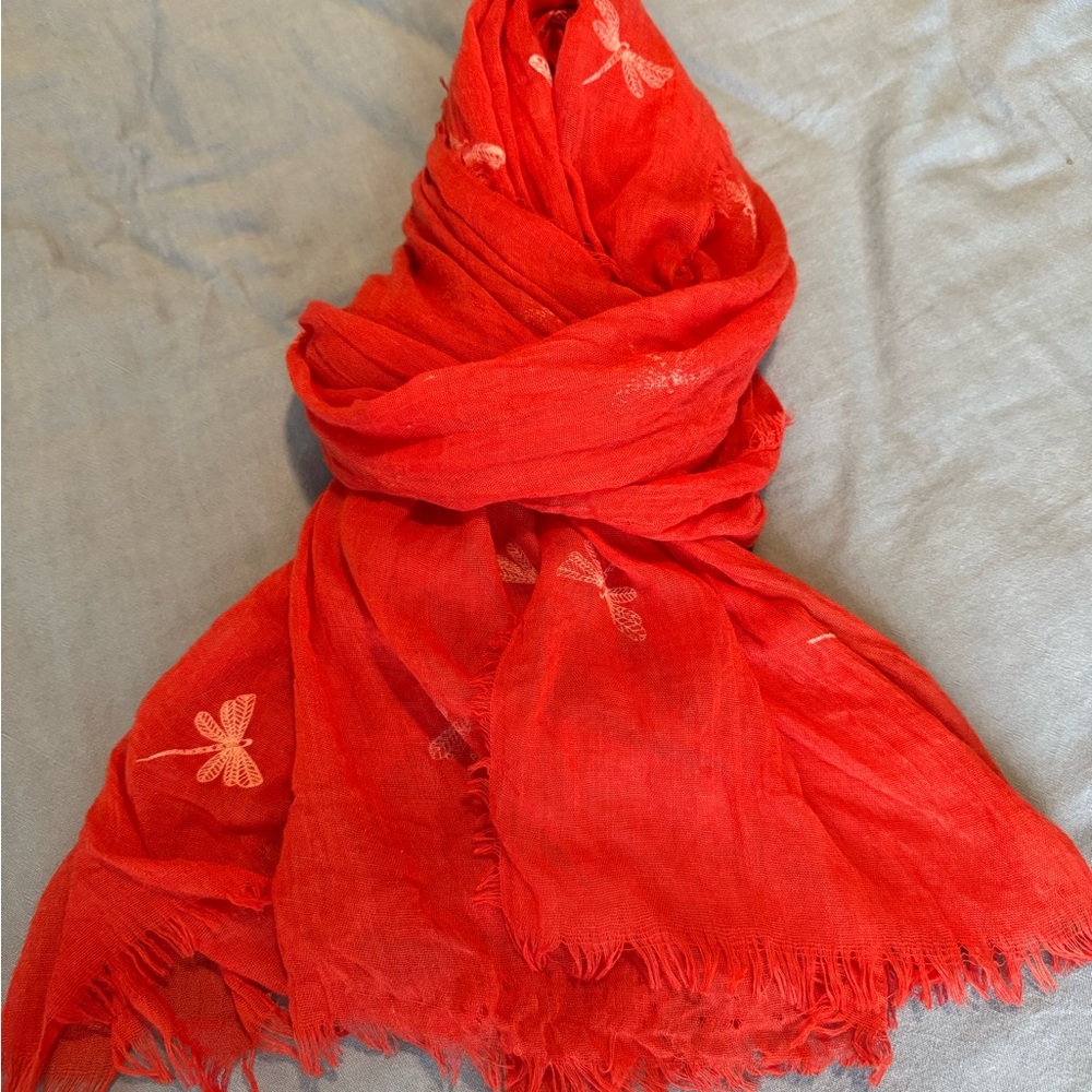 Natasha Couture Vibrant Red Scarf with Dragonfly Motif